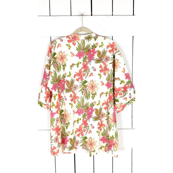 Vintage linen blend ivory pink tropical floral boxy cardigan kimono blazer - Picture 4 of 5